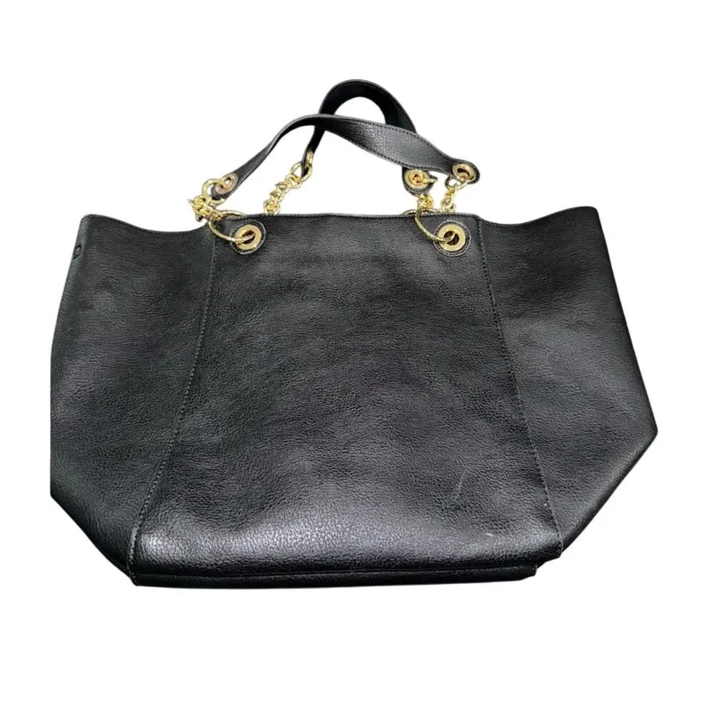 UEC STEVE MADDEN HUGE BLACK LEATHER TOTE GOLD CHAIN BLACK SUEDE INTERIOR - Picture 5 of 13